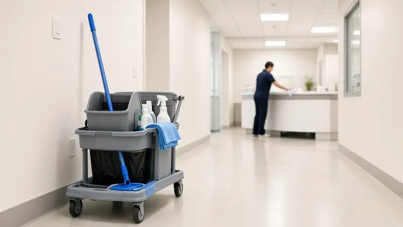 Cleaning cart in a bright clinic corridor