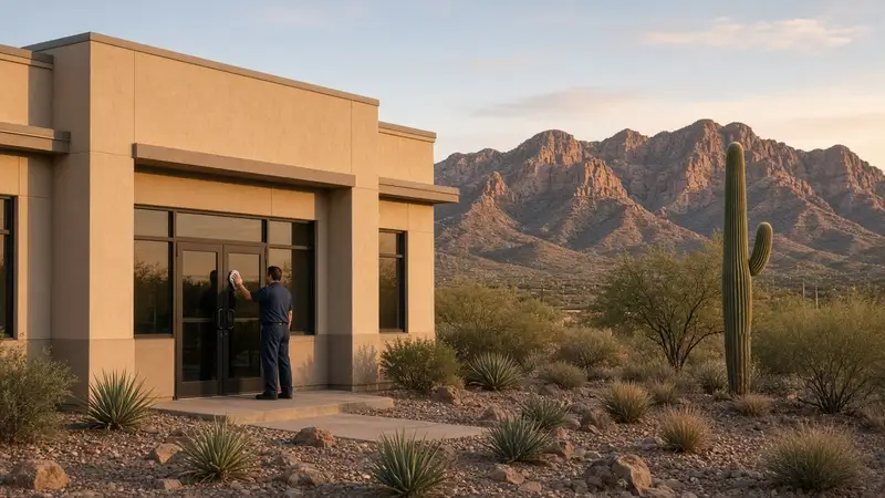 Cleaning worker at the entrance of an Arizona office building with mountains and a saguaro behind