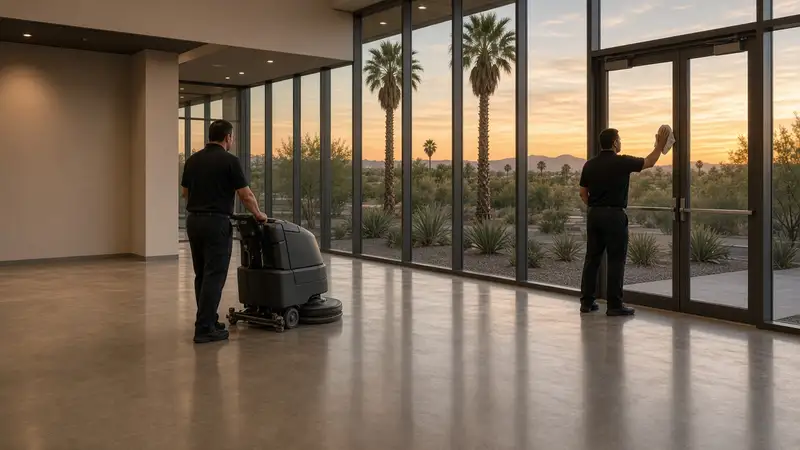 Commercial cleaning crew working in a bright office lobby with desert mountains through the windows