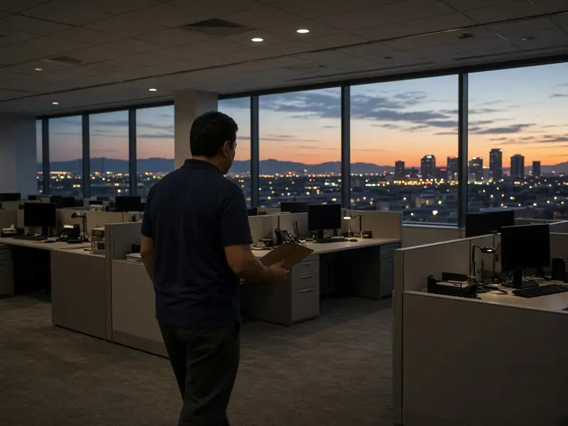 Cleaning supervisor walking through an office at dusk with the city lights behind